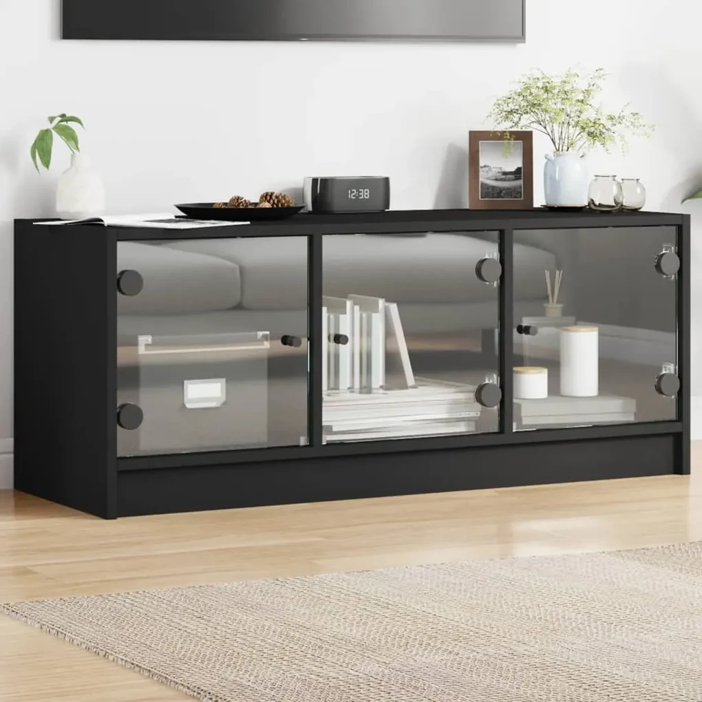 Comoda TV cu usi din sticla, negru, 102x37x42 cm