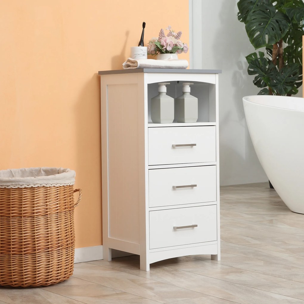 Kleankin Dulapior de Baie cu Raft Deschis si 3 Sertare, Design Ridicat din MDF, 40x33x80cm, Alb | Aosom Ro