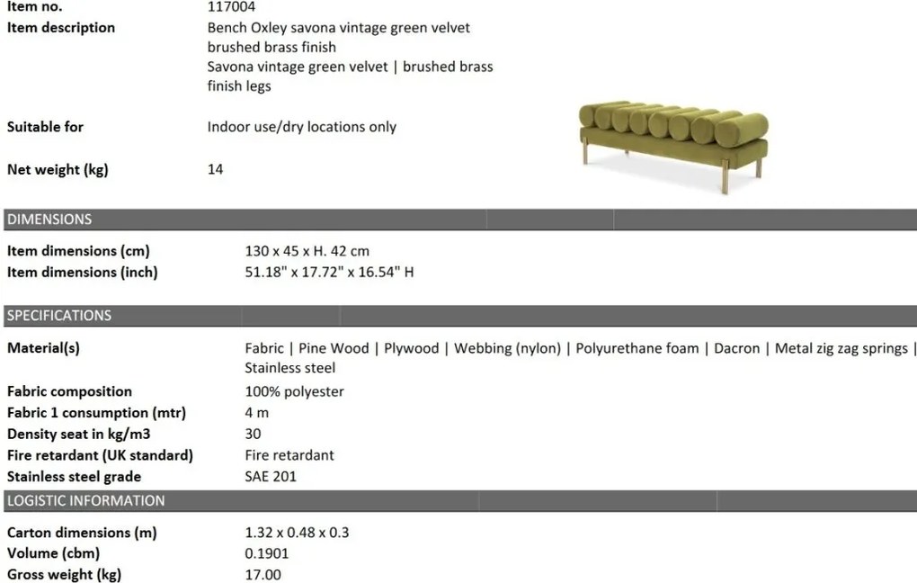 Bancheta moderna design LUX Oxley, Savona vintage green