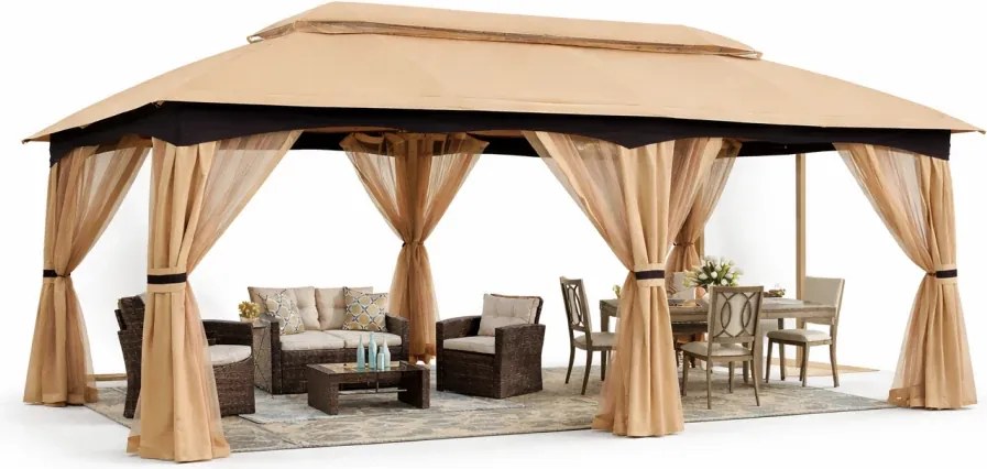 ABCCANOPY Foișor de gradina 305x610 cm, cadru din oțel și plasă de țânțari pentru gazon, curte, grădină, terasă, Kaki