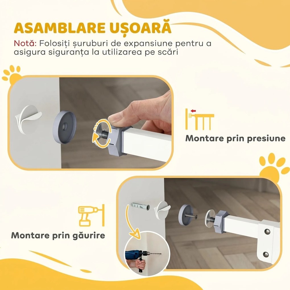 PawHut Poartă Extensibilă pentru Câini fără Șuruburi, Poartă de Siguranță Reglabilă cu 2 Extensii, 94-100 cm, Alb | Aosom Romania