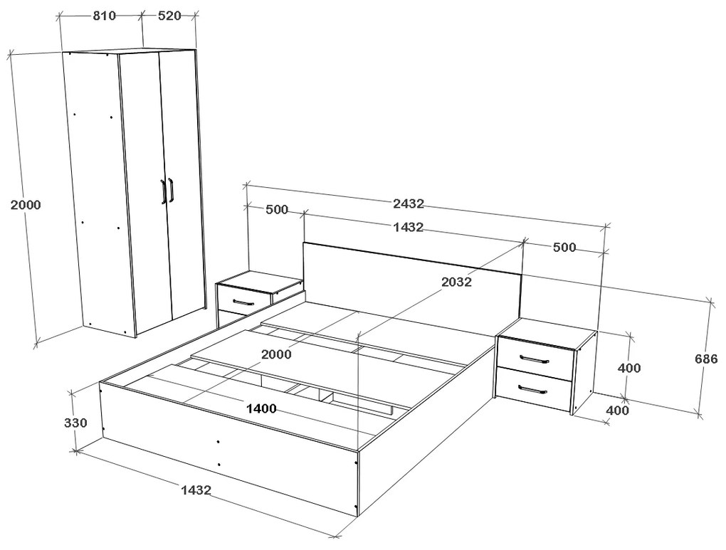 Set haaus V16, Pat 200 x 140 cm, Stejar Alb/Antracit