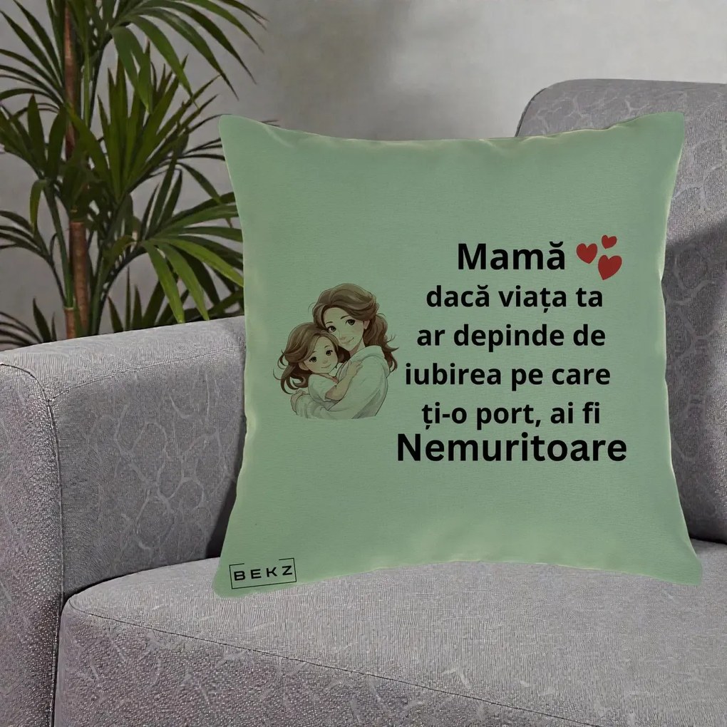 Cadou pentru Mama - Perna Personalizata Mama Nemuritoare cu Balon Inima, 40x40 cm, Verde, Husa Detasabila, Perna Inclusa, BEKZ®