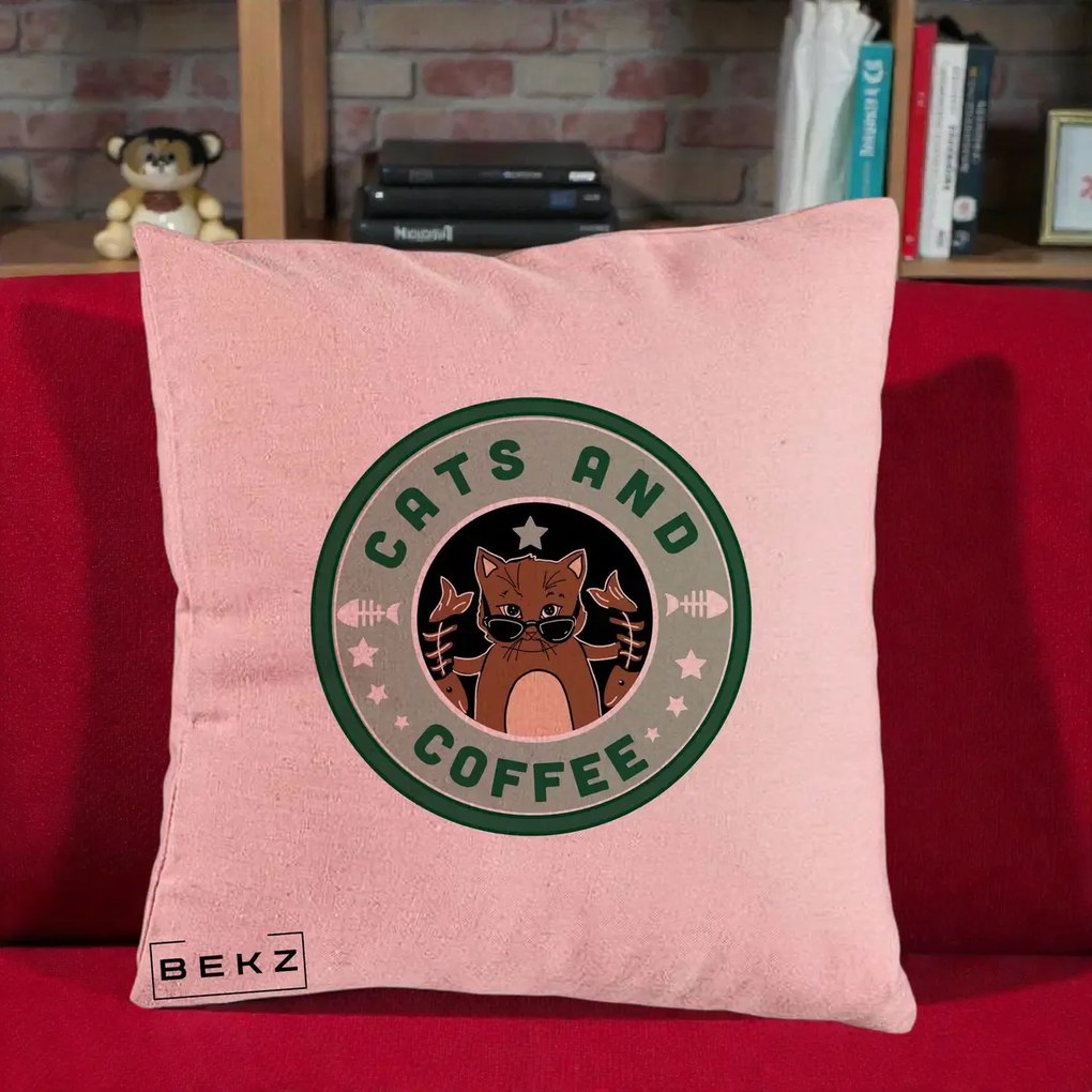 Perna Personalizata Cats and Coffee Starbucks, 40x40 cm, Roz, Husa Detasabila, Perna Inclusa, BEKZ®