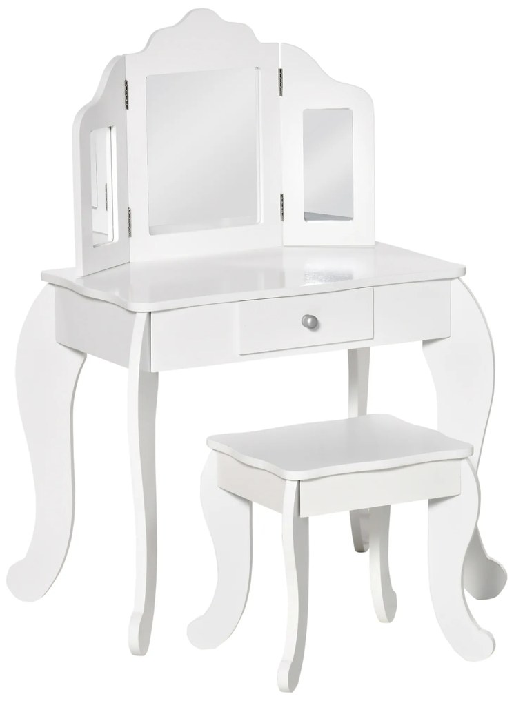 Masa de Machiaj HOMCOM pentru Copii cu Scaunel și Oglindă Triplă, din Lemn și Acrilic, 63x40x85.5 cm, Albă | Aosom Romania