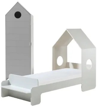 Set CASAMI este format dintr-un Pat copii (90x200) și un Dulap camera copii de casă de plajă cu o ușă gri.