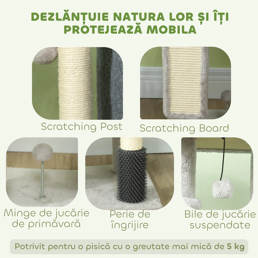 PawHut Arbore Multinivel Înalt pentru Pisici 104 cm cu Căsuță, Culcuș, Stâlpi de Zgâriat, Perie și Bilă, Gri | Aosom Romania