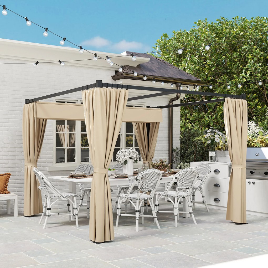 Outsunny Pergola 3 x 3(m) cu acoperis copertina retractabila si perdele, Foisor de exterior cu cadru metalic pentru gradina, Adapost de soare