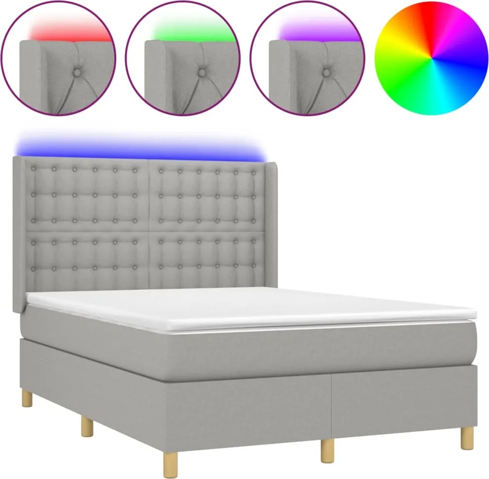 vidaXL Pat cu arcuri, saltea și LED, gri deschis, 140x190 cm, textil