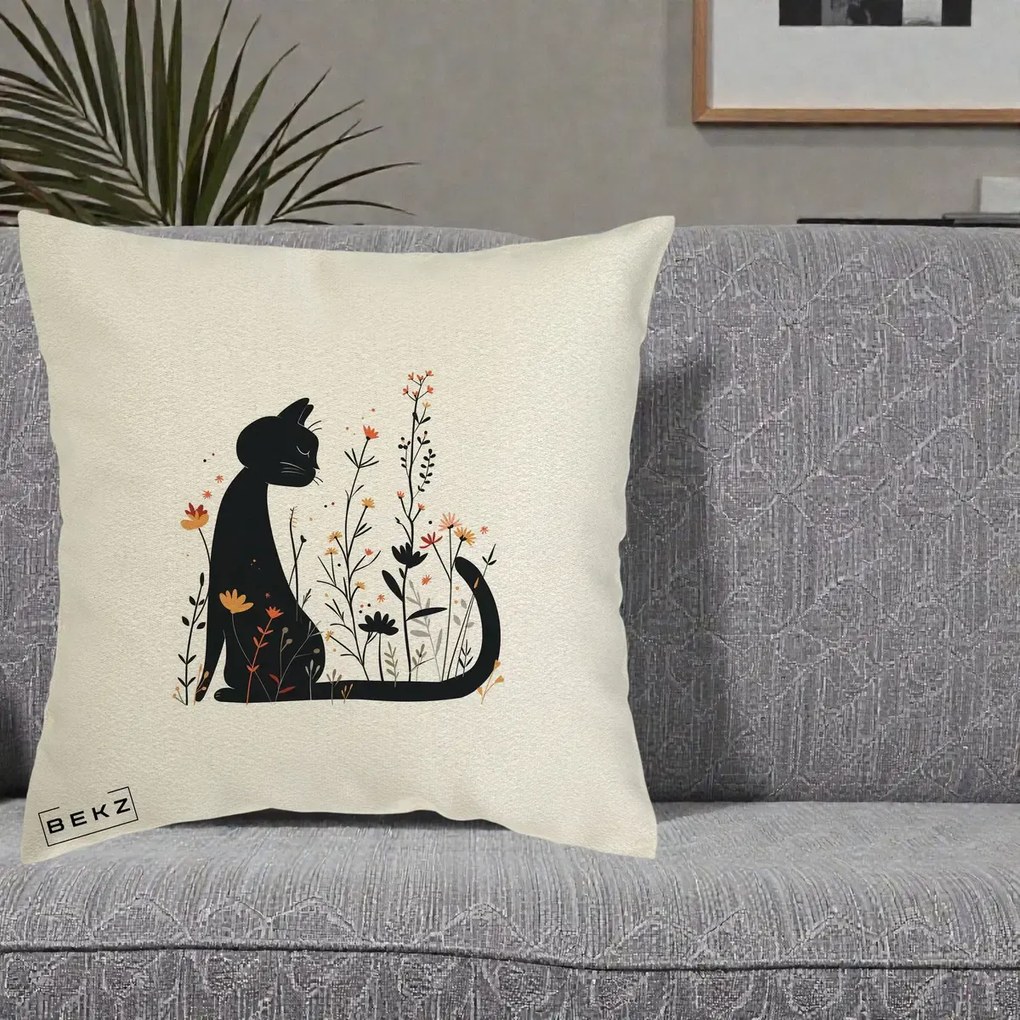 Perna Decorativa Pisica Neagra Flori Portocalii Silueta, 40x40 cm, Ecru, Husa Detasabila, Perna Inclusa, BEKZ®