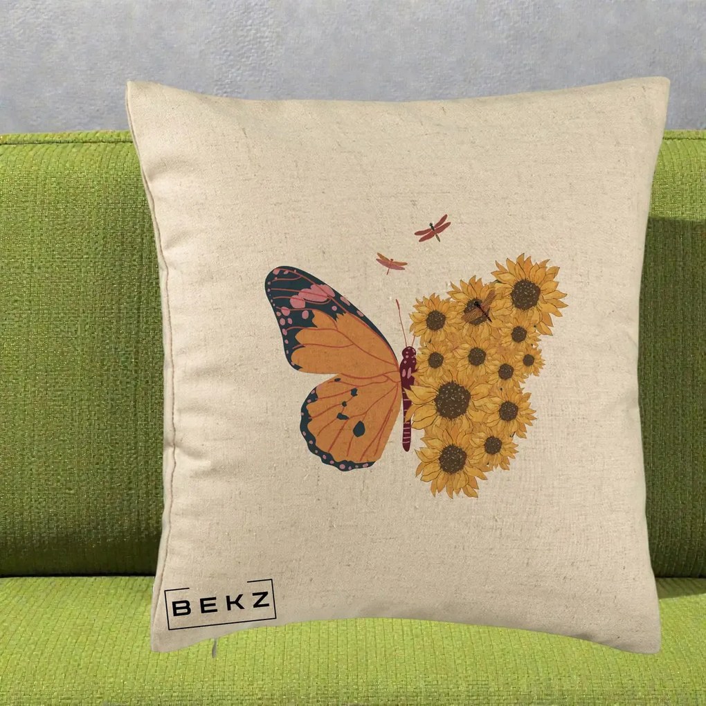 Perna Decorativa Fluture Floarea-Soarelui, 40x40 cm, Bej, Husa Detasabila, Perna Inclusa, BEKZ®