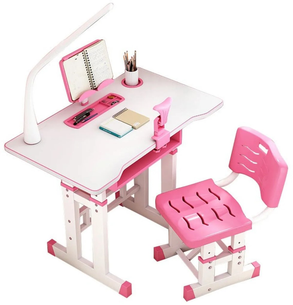 Birou copii din MDF cu lampa inclusa Novokids Premium desk, Dimensiuni 80X50X70, Cadru metalic, Roz cu Alb