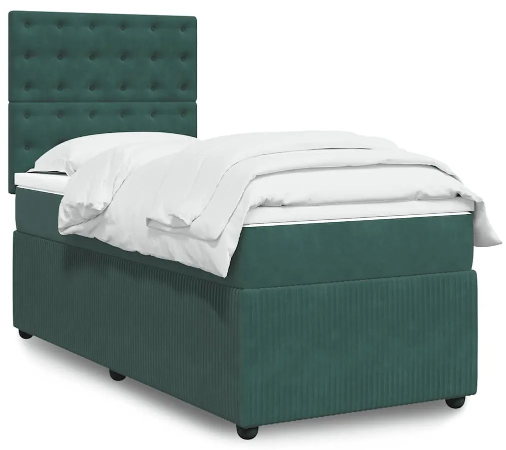 vidaXL Pat box spring cu saltea, verde închis, 100x200 cm, catifea