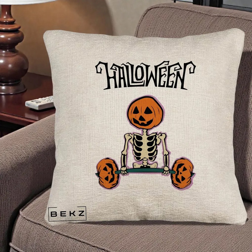 Perna Decorativa Halloween Schelet cu Cap de Dovleac Powerlifting, 40x40 cm, Bej Canapea, Husa Detasabila, Perna Inclusa, BEKZ®
