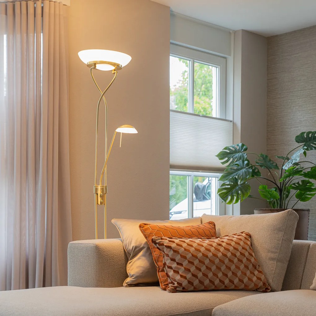 Lampă de podea din alamă cu lampă de citit incluzând LED și dimmer - Empoli