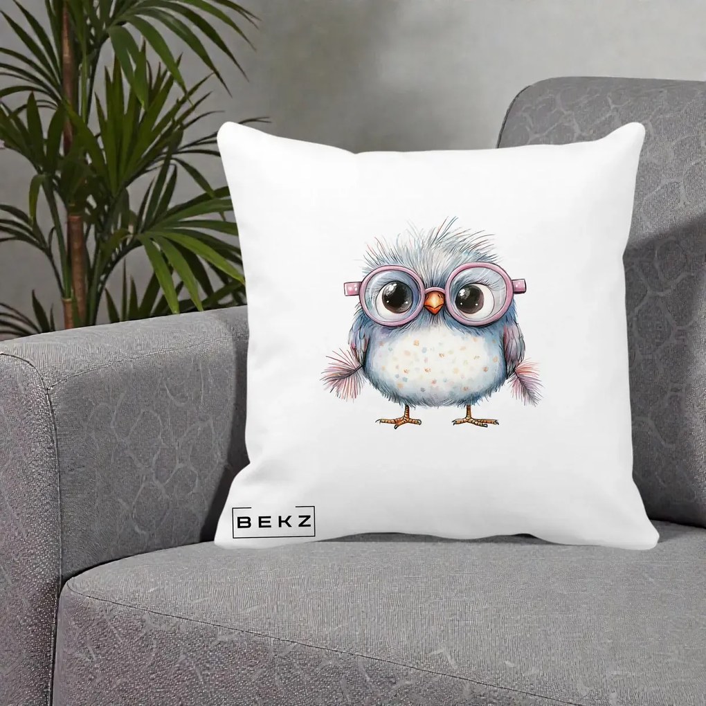 Perna Decorativa Pui Pufos cu Ochelari Roz, 40x40 cm, Alba Mata, Husa Detasabila, Perna Inclusa, BEKZ®