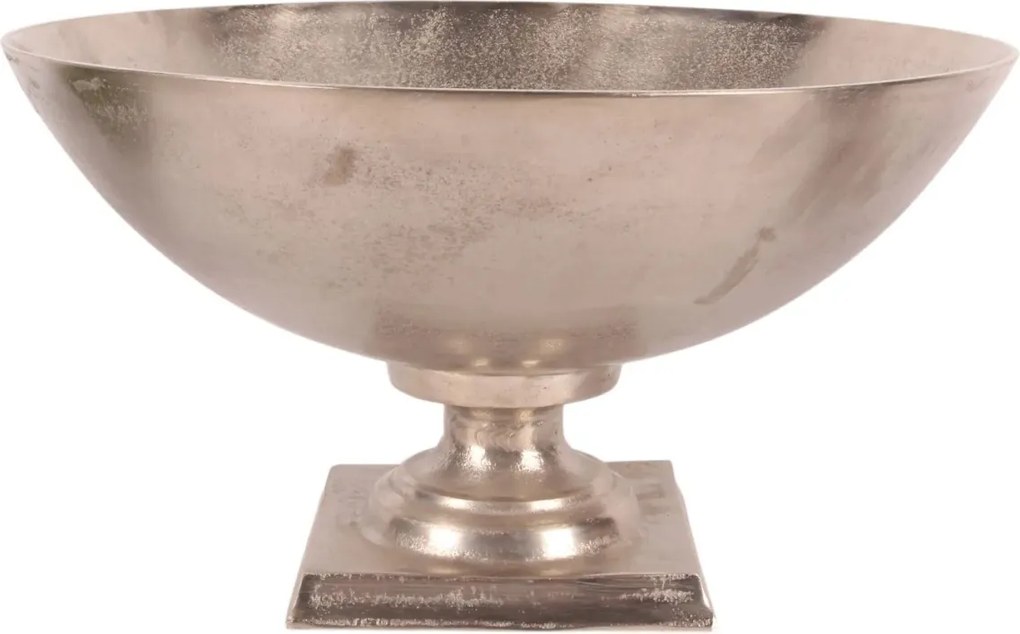 Platou rotund din aluminiu, argintiu, adânc, pe picior cu bază pătrată, finisaj nichelat, 29 x 52 cm, „Festin”