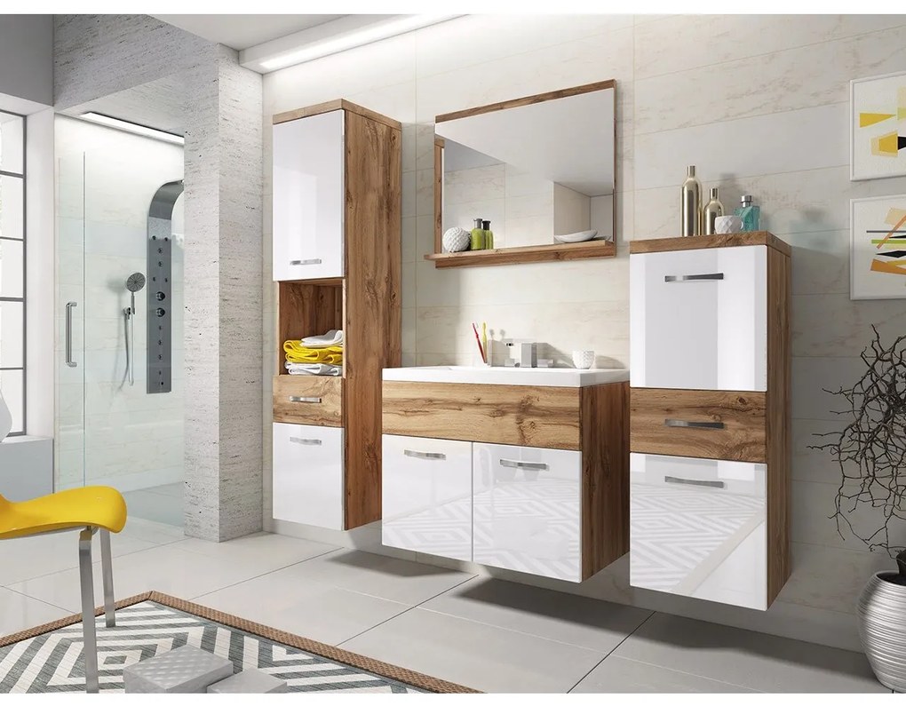Mobilier baie Lunara (stejar wotan + Alb lucios + stejar wotan) (cu sifon, cu baterie Platino). 1053668