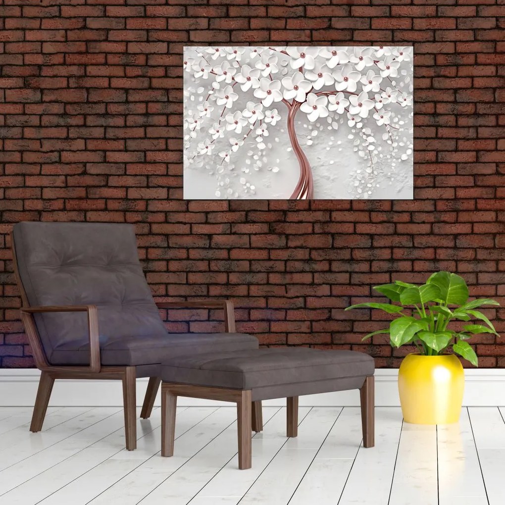 Tablou - Imaginea copacului alb cu flori albe, rosegold (90x60 cm)
