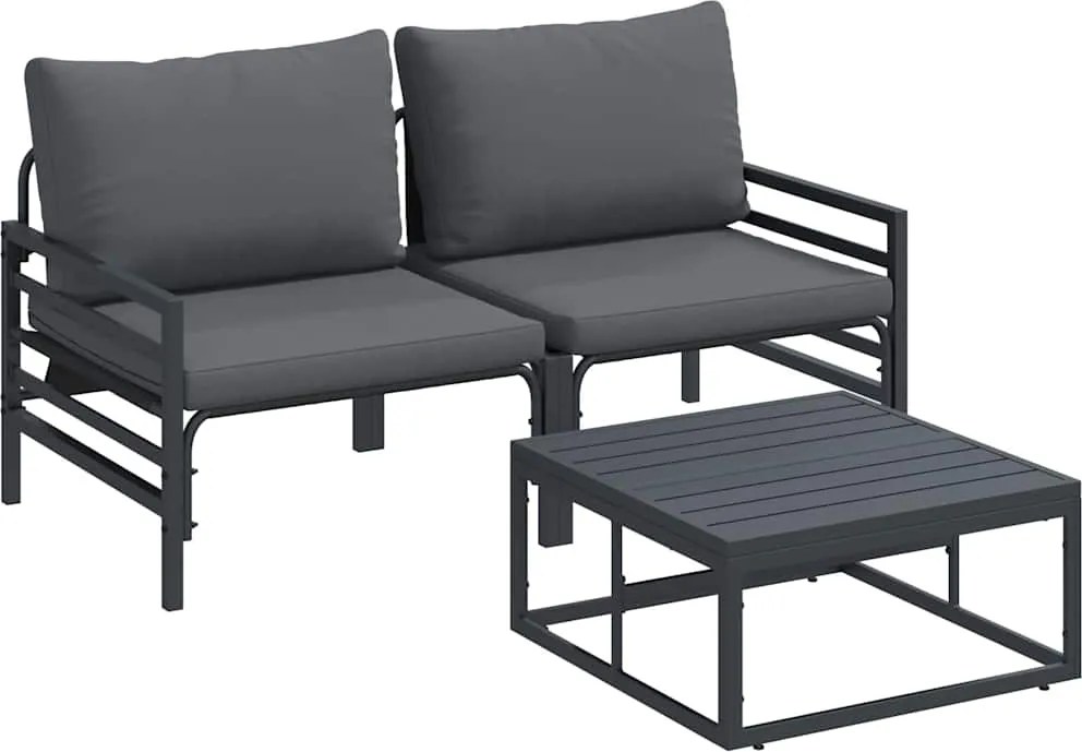 vidaXL Set de canapele pentru grădină cu pernă 3 pcs Negru Oțel