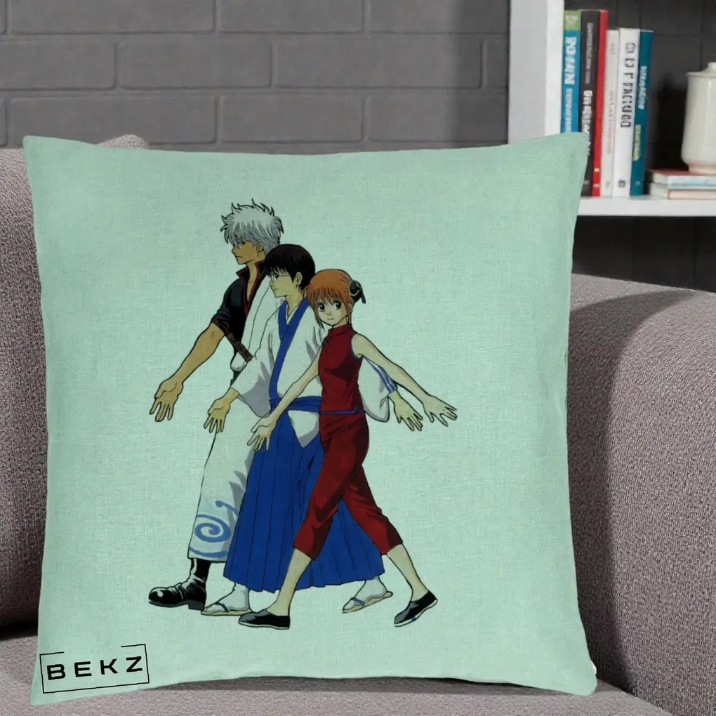 Perna Personalizata Gintama Trio Gintoki Shinpachi Kagura, 40x40 cm, Verde Menta, Husa Detasabila, Perna Inclusa, BEKZ®