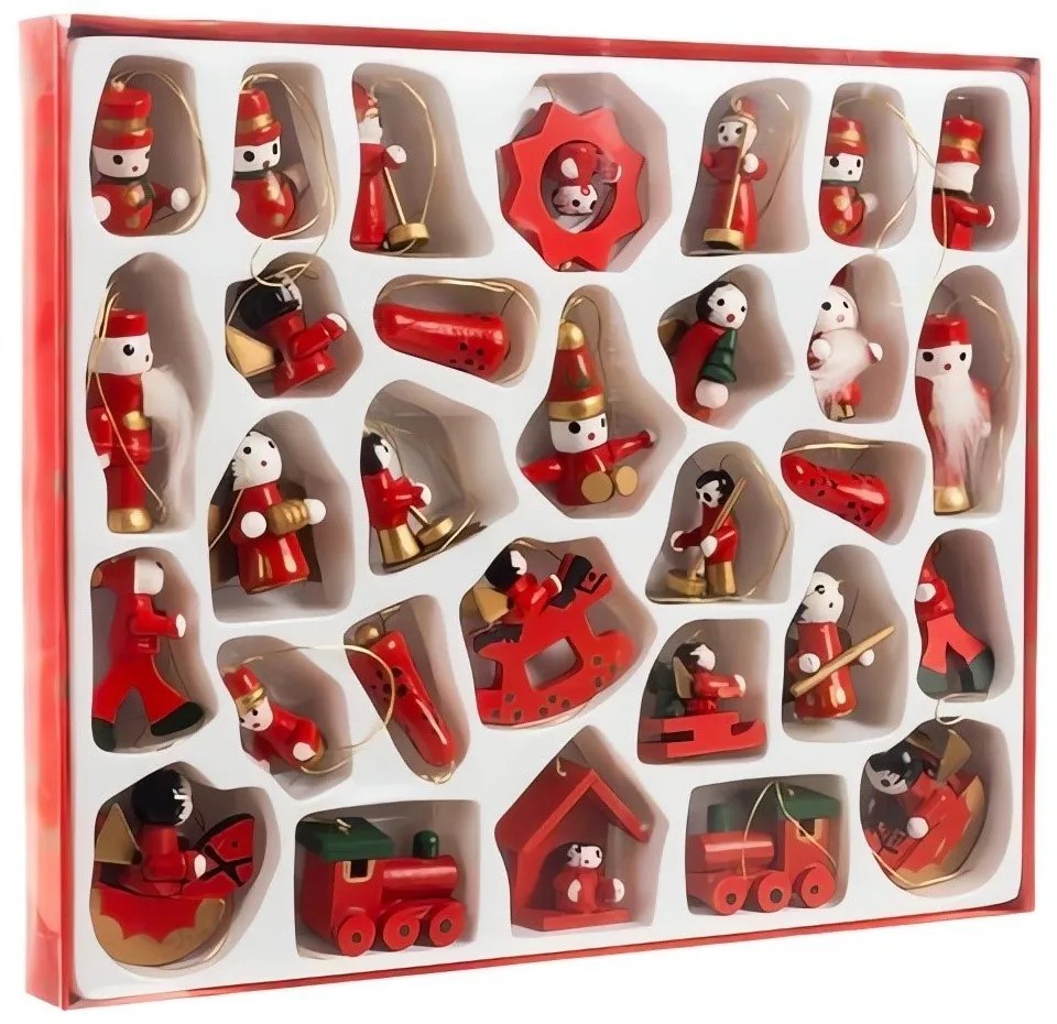 Set de decoratiuni de Craciun din lemn RED JOY rosu, 30 buc.