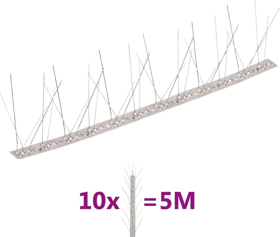 vidaXL Set bandă cu țepi antipăsări cu 5 rânduri, 10 buc., oțel, 5 m