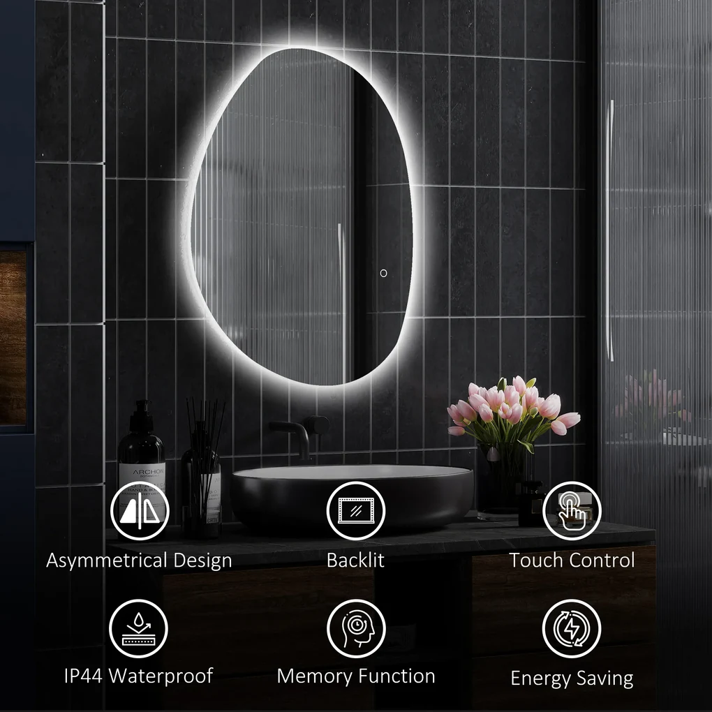 HOMCOM Oglindă de Baie LED cu Comutator Tactil Inteligent și  Intensitate Reglabilă, 80x5x60 cm, Argintiu | Aosom Romania