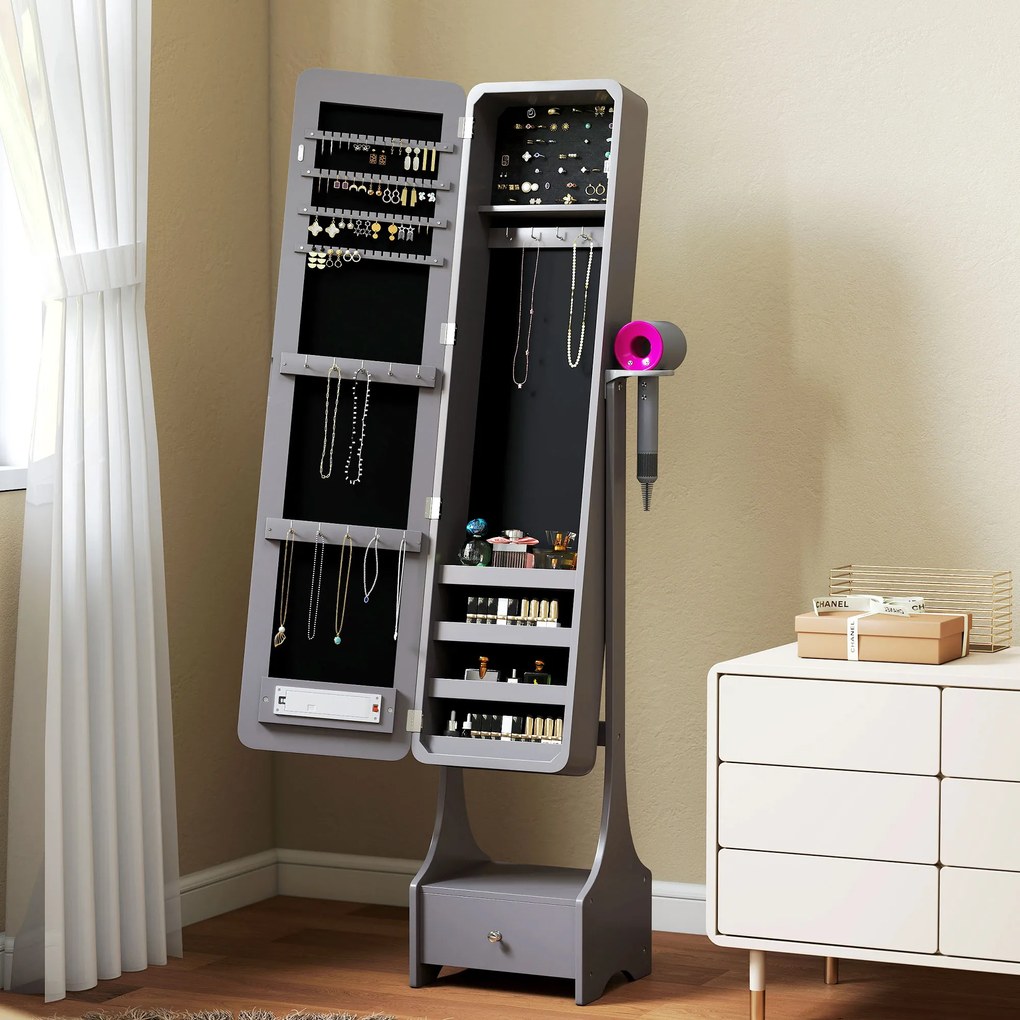 HOMCOM Oglindă-dulap pentru bijuterii cu lumini LED Dulap bijuterii cu oglindă full-length reglabilă pe unghi Sertar Oprire automată a luminilor Gri | Aosom Romania