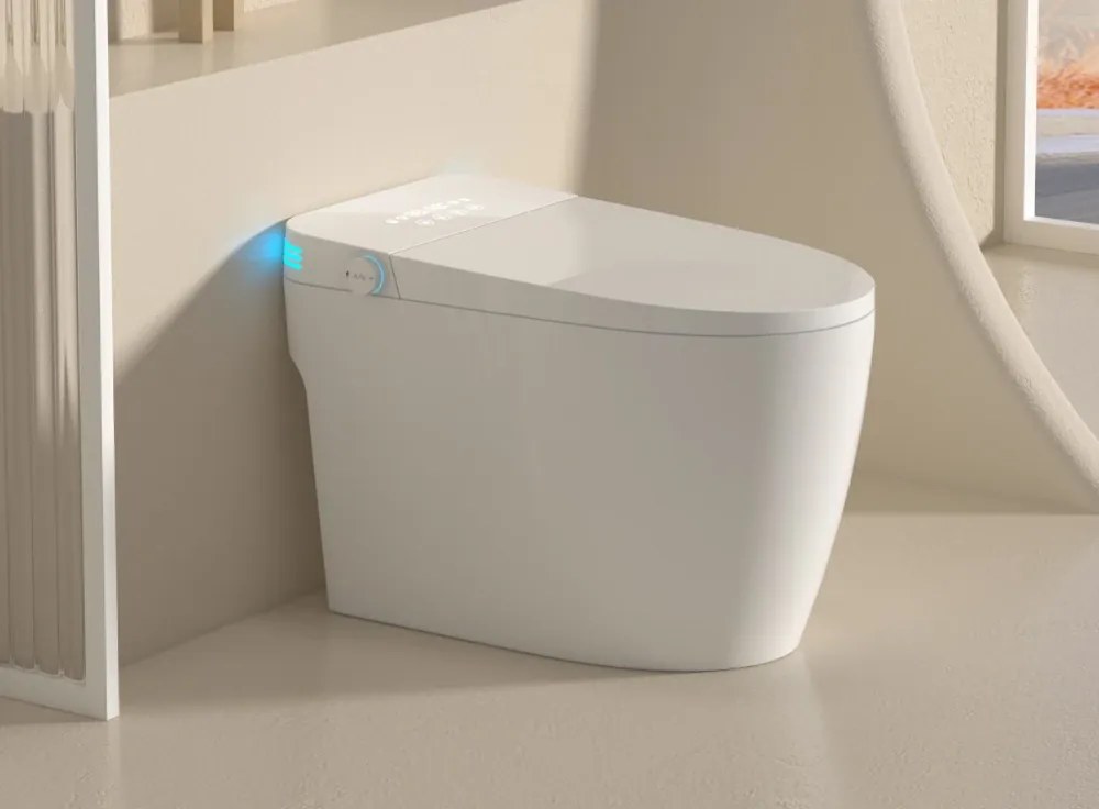 Smart WC R02 – Vas de Toaletă Inteligent cu rezervor integrat, deschidere automată, spălare cu apă caldă, uscare, senzor de picior, capac cu încălzire, afișaj LED, evacuare P-Trap, Alb