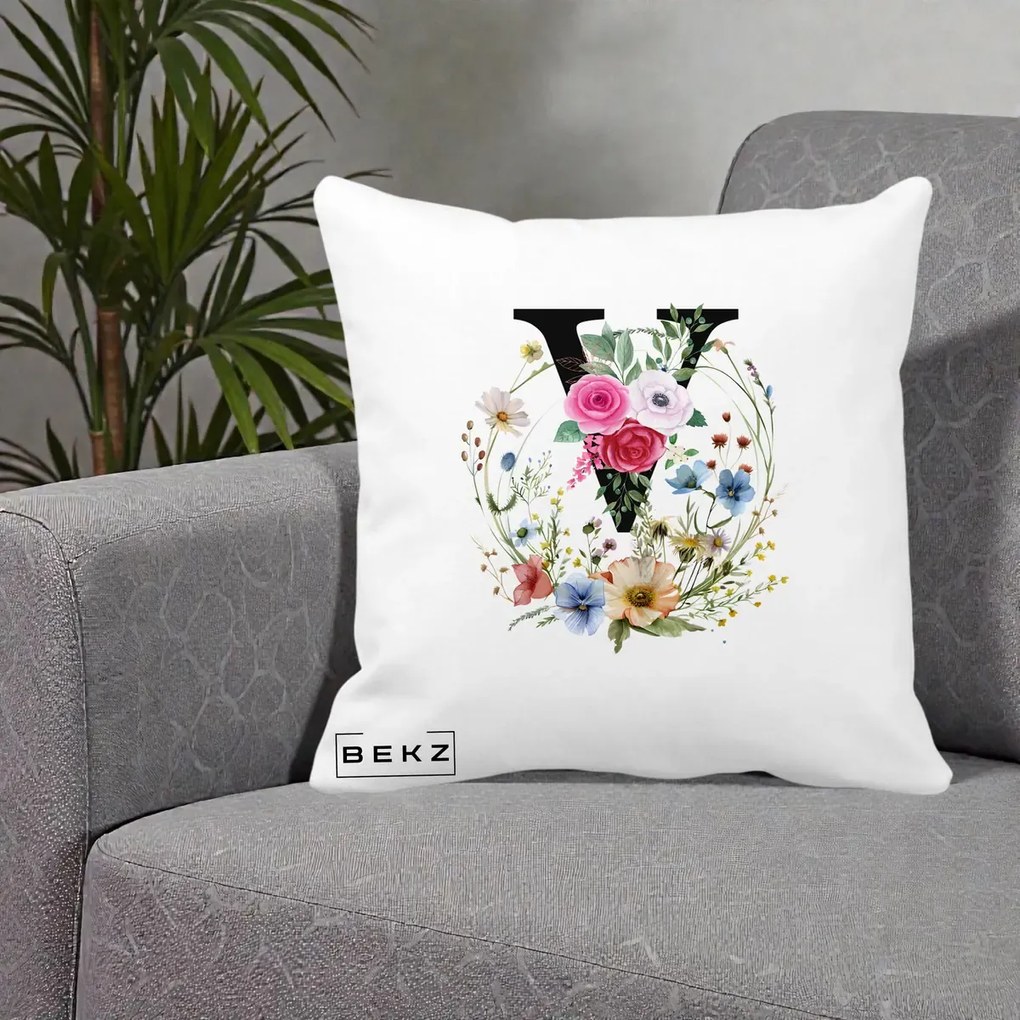 Cadou Personalizat - Perna Personalizata Monograma Florala Litera V cu Coroana, 40x40 cm, Alba Mata, Husa Detasabila, Perna Inclusa, BEKZ®
