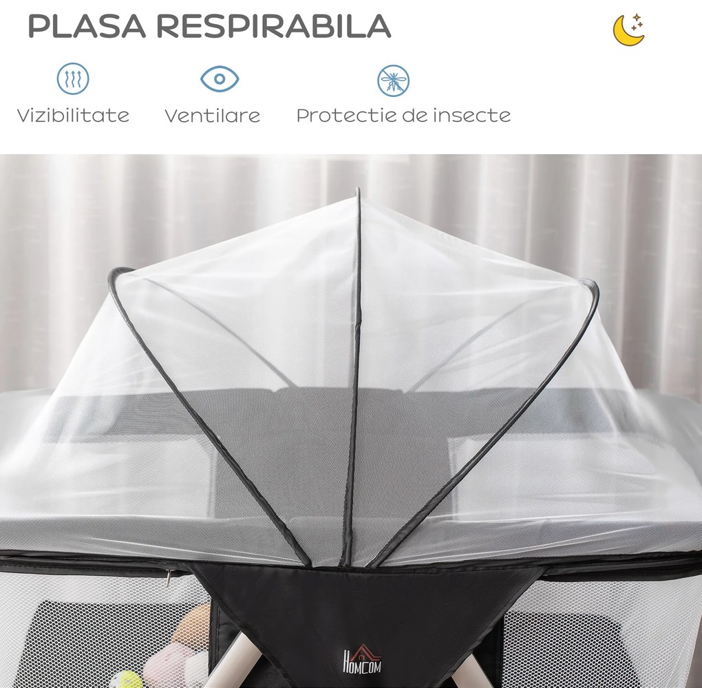 HOMCOM Patut Pliabil pentru Bebelusi, reglabil pe inaltime, plasa anti-insecte, cu saltea si geanta de calatorie, negru | Aosom Romania