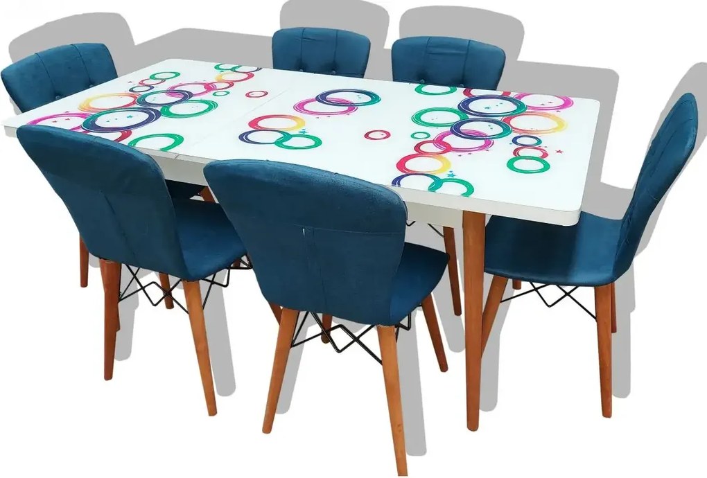 Set masa extensibila picioare lemn, blat sticla securizata +6 scaune tapitate Fusion Homs albastru 80x 170 cm