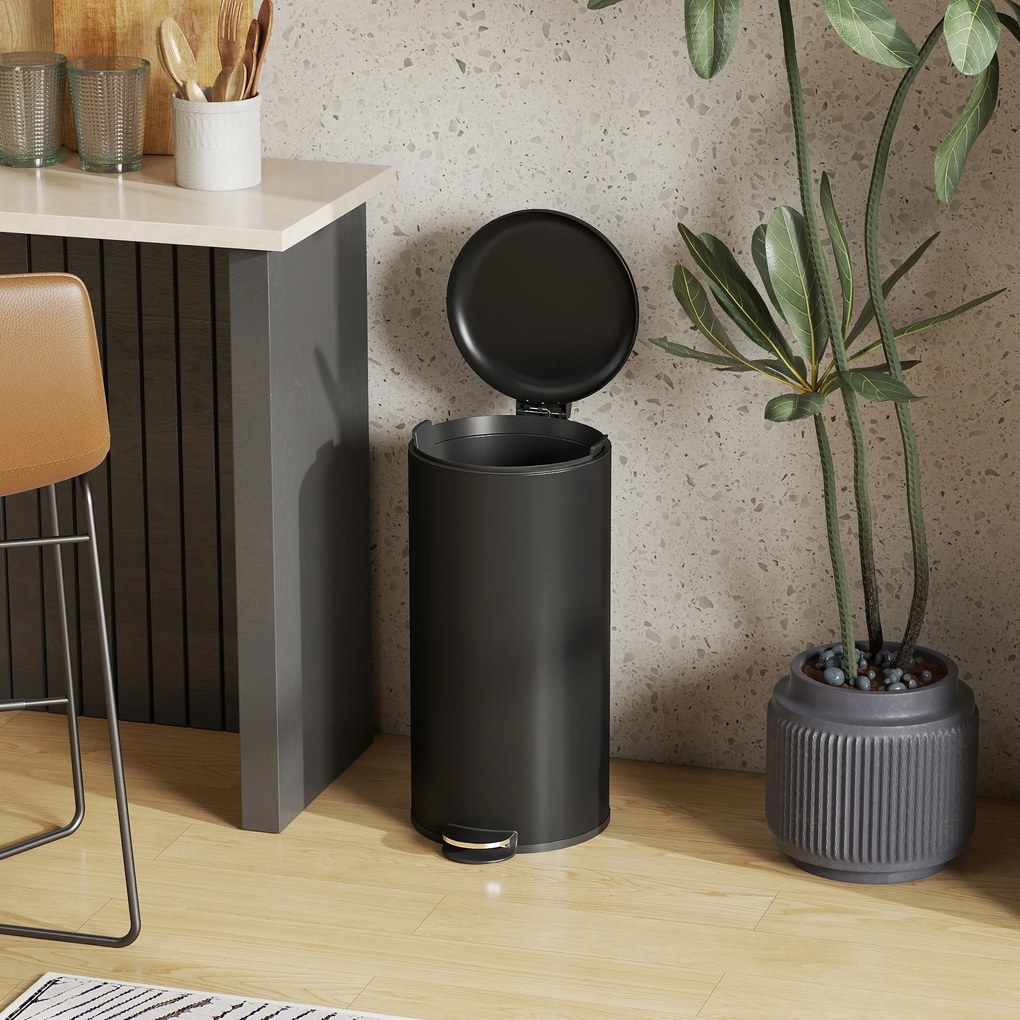 HOMCOM Coș de gunoi 30 L cu pedală și capac, recipient interior, funcție soft-close 36 x 30 x 63,5 cm, negru | Aosom Romania
