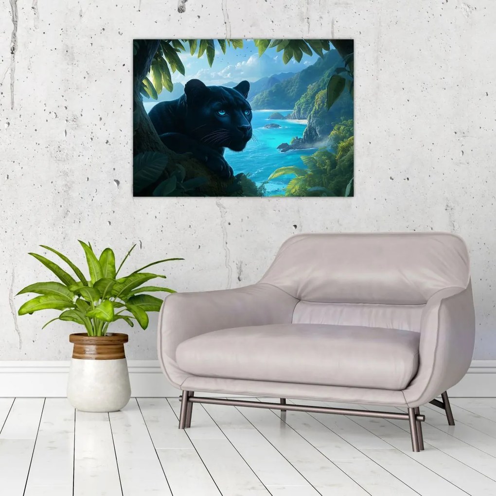 Tablou pe sticlă - Pantera neagră în junglă (70x50 cm)