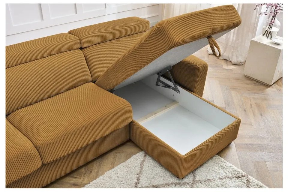 Colțar galben muștar extensibil cu tapițerie din catifea reiată (cu colț variabil) Monaco – Bobochic Paris