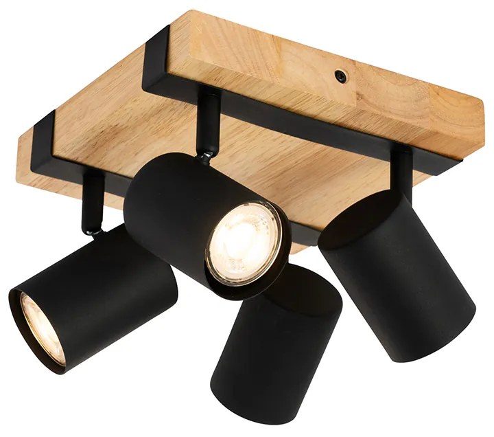 Plafoniera neagră cu lemn 4 lumini reglabile dreptunghiulare - Jeana