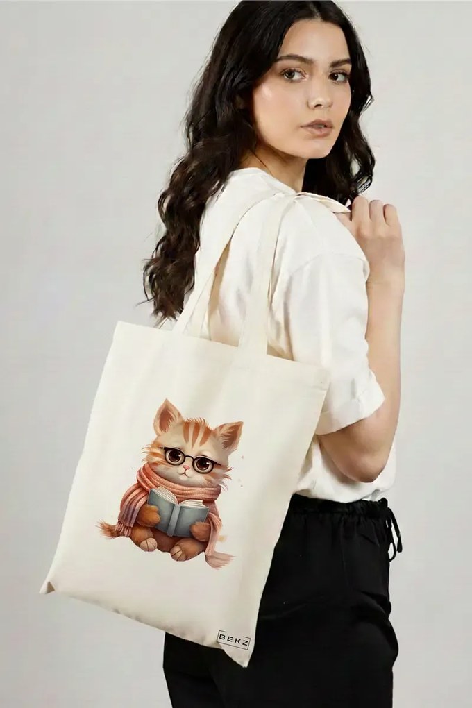 Sacosa de Panza pentru Cumparaturi, Geanta Tote, model Reading puppy 8 38 x 34.5 cm, Alba, BEKZ®