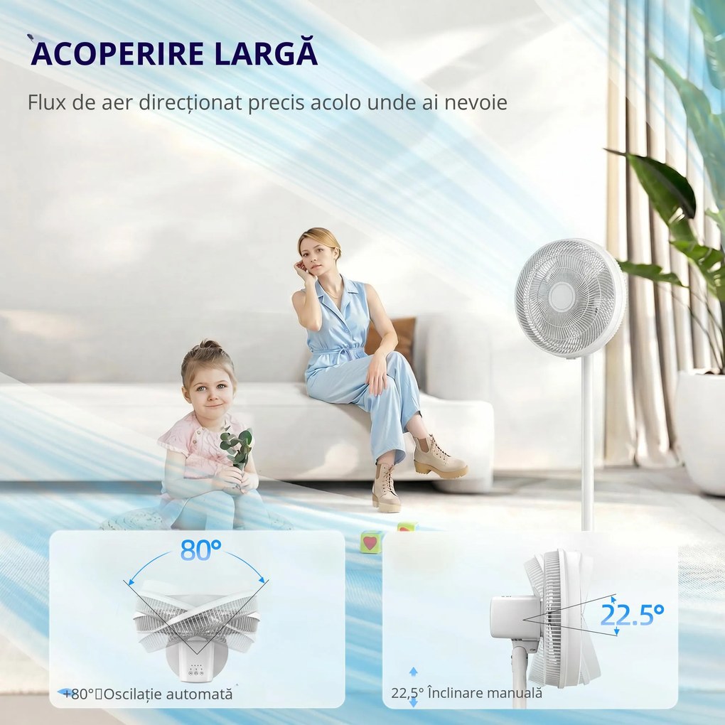 HOMCOM Ventilator de Podea cu Telecomandă, Reglabil pe Înălțime, 4 Viteze, Oscilație 80°, Timer 10 Ore, Alb, Ø40x90.5-118.5Î cm | Aosom Romania