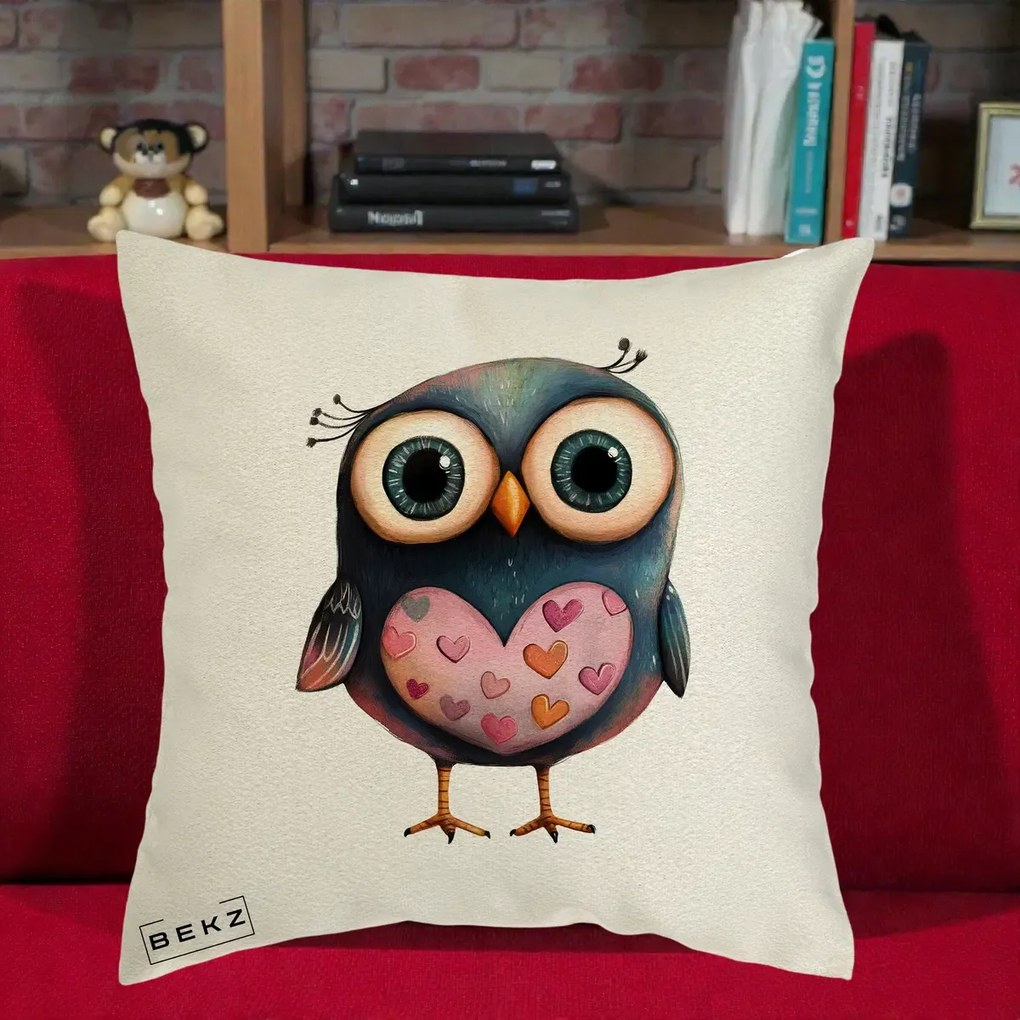 Perna Decorativa Bufnita cu Inimioare Roz, 40x40 cm, Ecru, Husa Detasabila, Perna Inclusa, BEKZ®