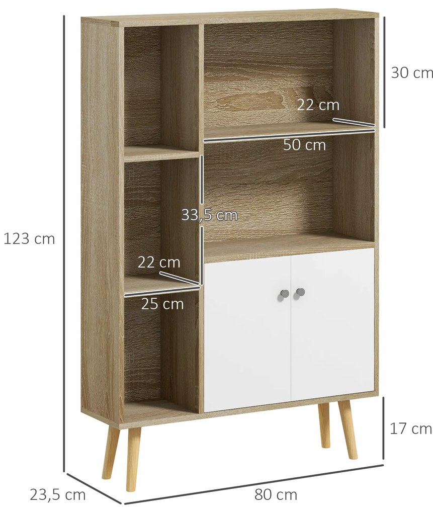 HOMCOM Bibliotecă scandinavă mobilier de depozitare dim. 80L x 23,5l x 123H cm 5 nișe ușă placard 2 picioare subțiri inclinate | Aosom Romania