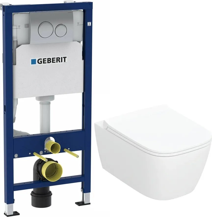 Rezervor WC cu cadru incastrat Geberit Duofix cu clapeta crom Delta20 si vas WC suspendat Smyle TurboFlush alb si capac softclose