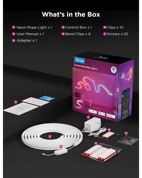 Bandă LED flexibilă Govee Neon 2 MATTER 3m RGBIC Wi-Fi