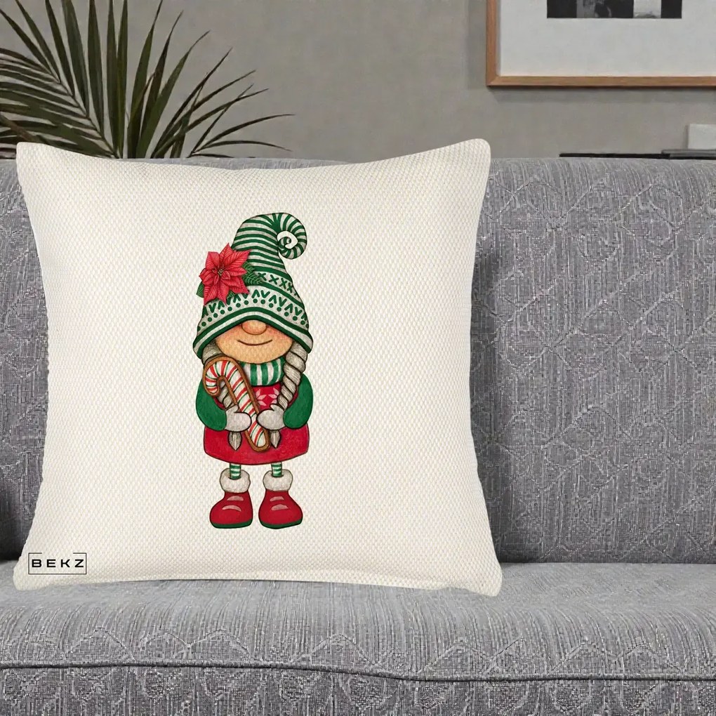Perna Decorativa Gnom Craciun Verde cu Bomboane si Floare, 40x40 cm, Crem Reliefat, Husa Detasabila, Perna Inclusa, BEKZ®