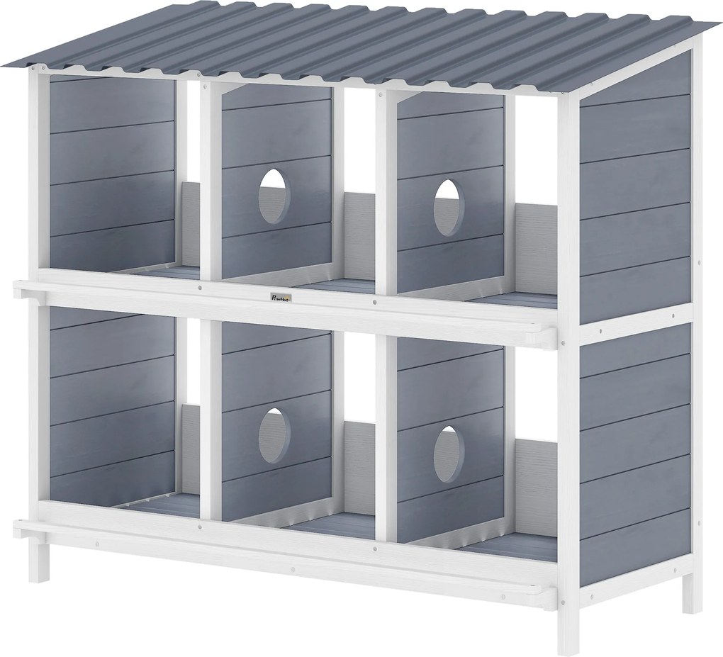 PawHut Cuib pentru găini, cuib ridicat din lemn cu 6 compartimente, 4 bârne pentru coteț pentru animale mici 102 x 50 x 91 cm, Gri | Aosom Romania