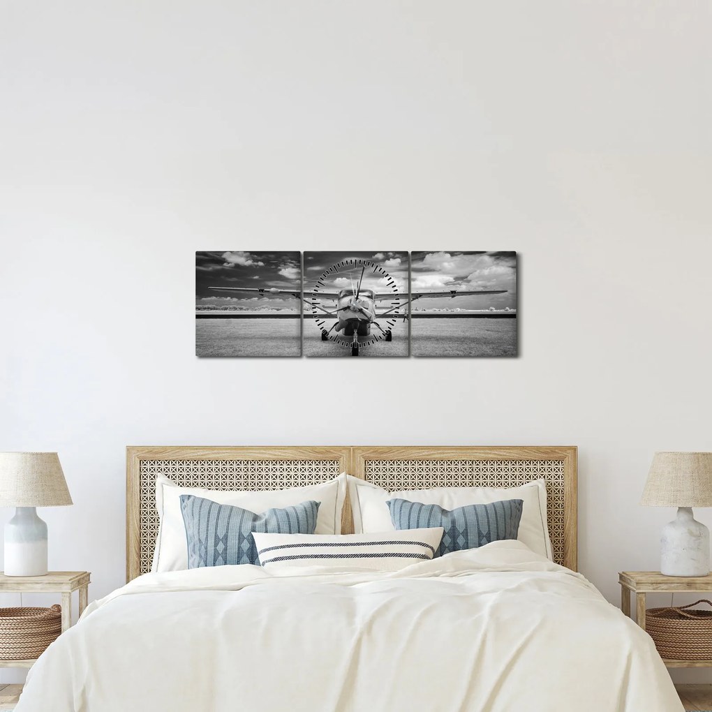 Tablou - Avion alb-negru și alb-negru (cu ceas) (90x30 cm)