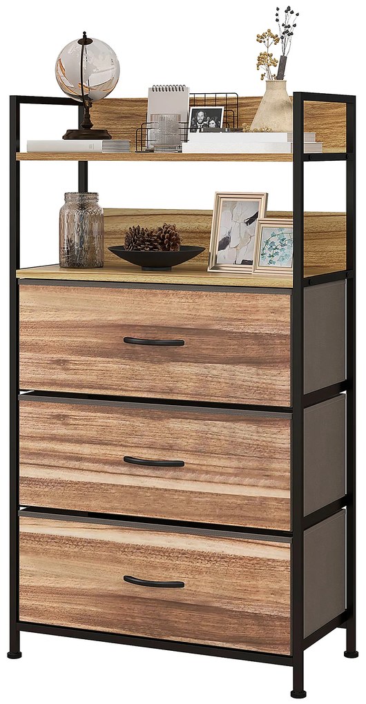 HOMCOM Corp de depozitare stil industrial comodă 3 sertare din țesătură detașabile și 2 rafturi - 60 x 29 x 101cm - MDF și metal | Aosom Romania