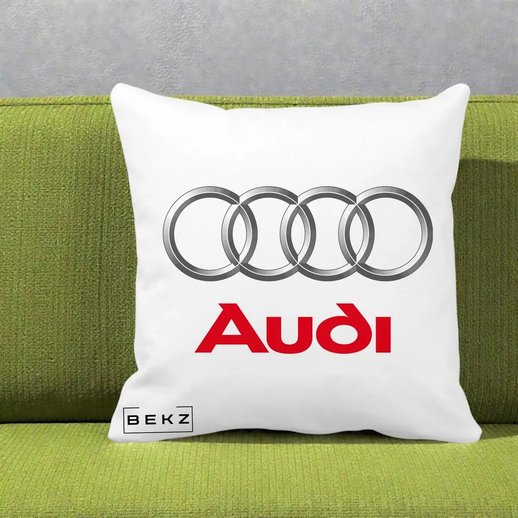 Perna Personalizata cu emblema Audi, 40x40 cm, Alba Mata, Husa Detasabila, Perna Inclusa, BEKZ®
