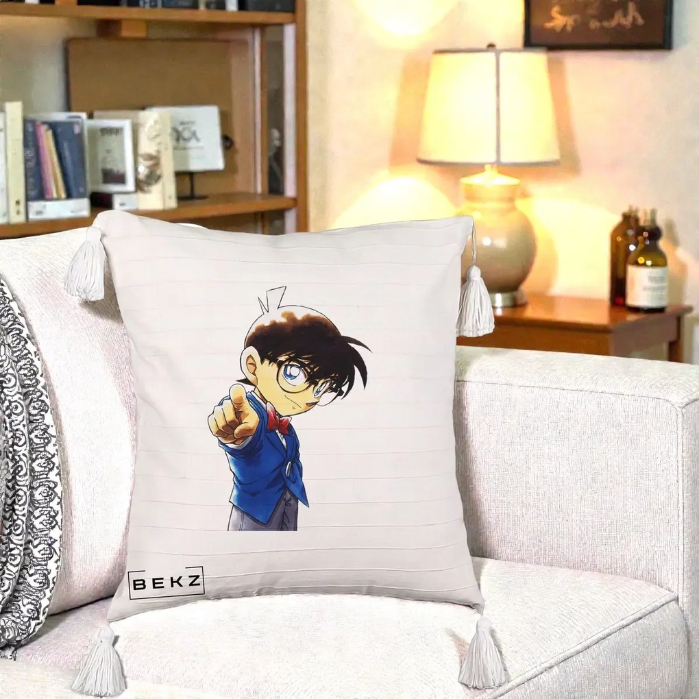 Perna Personalizata Detective Conan Conan Arata, 40x40 cm, Bej cu Franjuri, Husa Detasabila, Perna Inclusa, BEKZ®