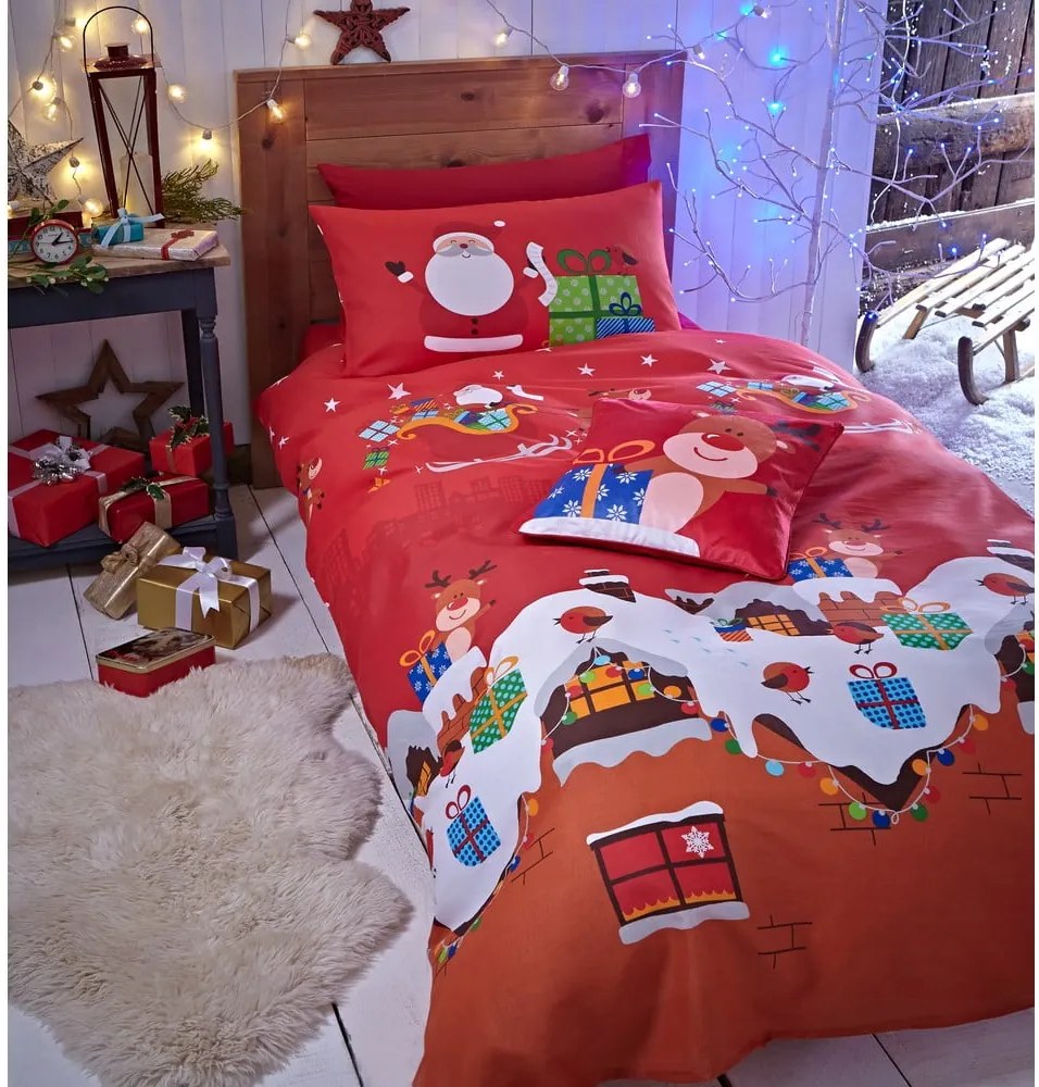 Lenjerie de pat cu model de Crăciun Catherine Lansfield Rudolf, 200 x 200 cm, roșu